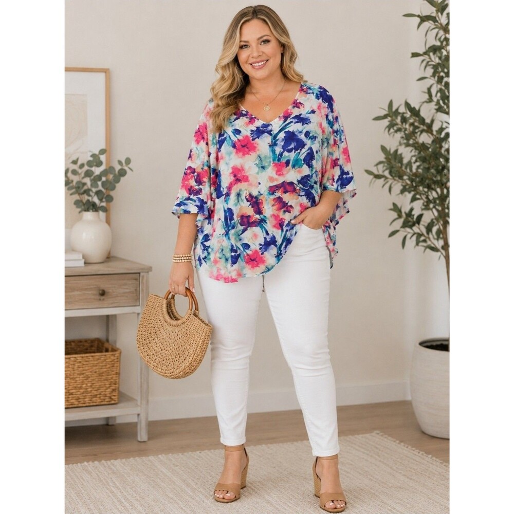 Andree Watercolor Floral Blouse Waterfall Sleeve Plus Size V-Neck Blouse 1X